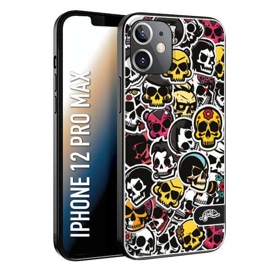 CUSTOMIZZA - Custodia cover nera morbida in tpu compatibile per iPhone 12 PRO MAX sticker bomb teschi colorati adesivi skulls skater snowboard