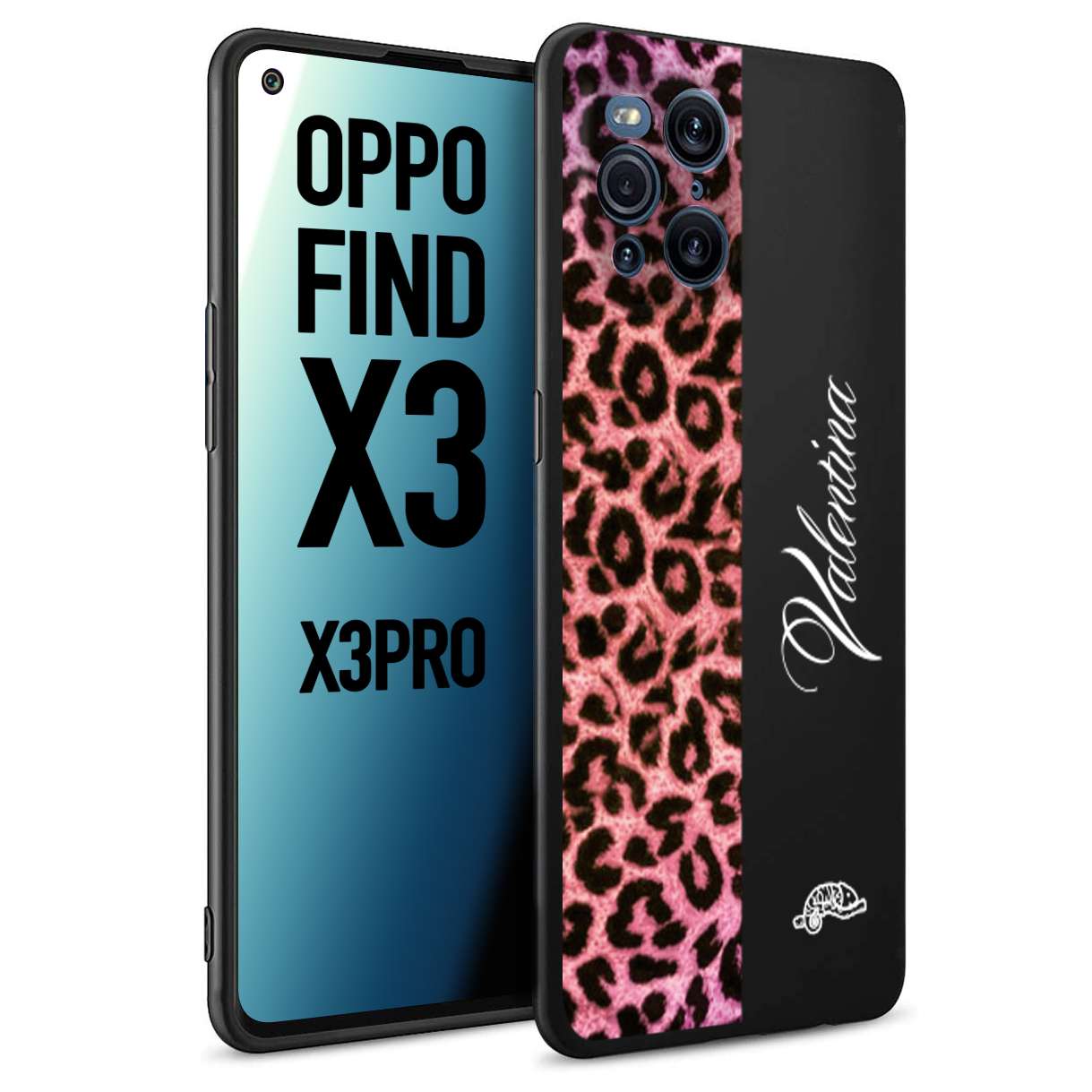 CUSTOMIZZA - Custodia cover nera morbida in tpu compatibile per Oppo Find X3 - Find X3 Pro 5G leopardato rosa fucsia personalizzata nome iniziali