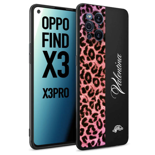 CUSTOMIZZA - Custodia cover nera morbida in tpu compatibile per Oppo Find X3 - Find X3 Pro 5G leopardato rosa fucsia personalizzata nome iniziali