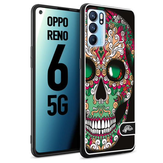 CUSTOMIZZA - Custodia cover nera morbida in tpu compatibile per Oppo Reno 6 5G teschio messicano Mexican skull verde fucsia