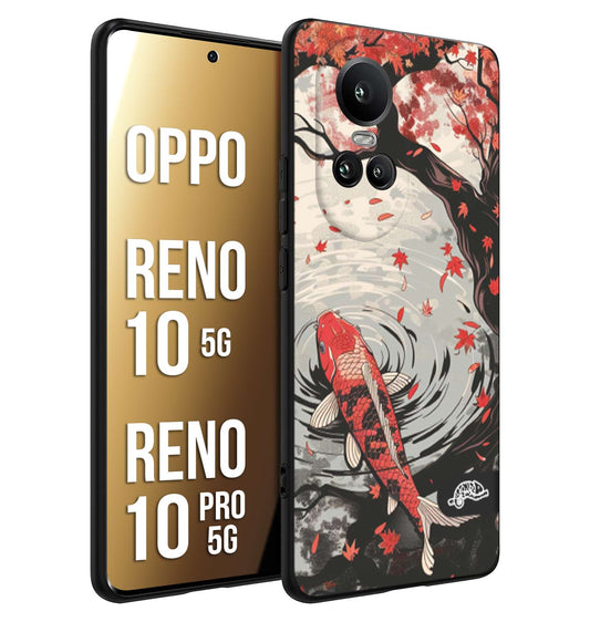 CUSTOMIZZA - Custodia cover nera morbida in tpu compatibile per Oppo Reno 10 5G - 10 PRO 5G giapponese lago carpa koi rossa con foglie d'acero rosso disegnata tattoo