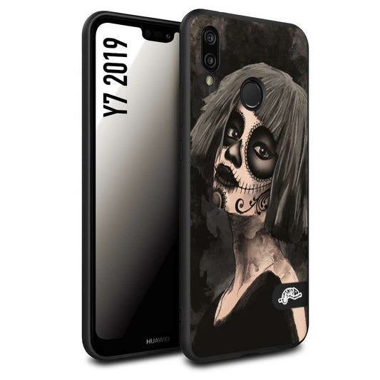 CUSTOMIZZA - Custodia cover nera morbida in tpu compatibile per Huawei Y7 2019 chicana messicana dea de la muerte donna santa tattoo disegnata