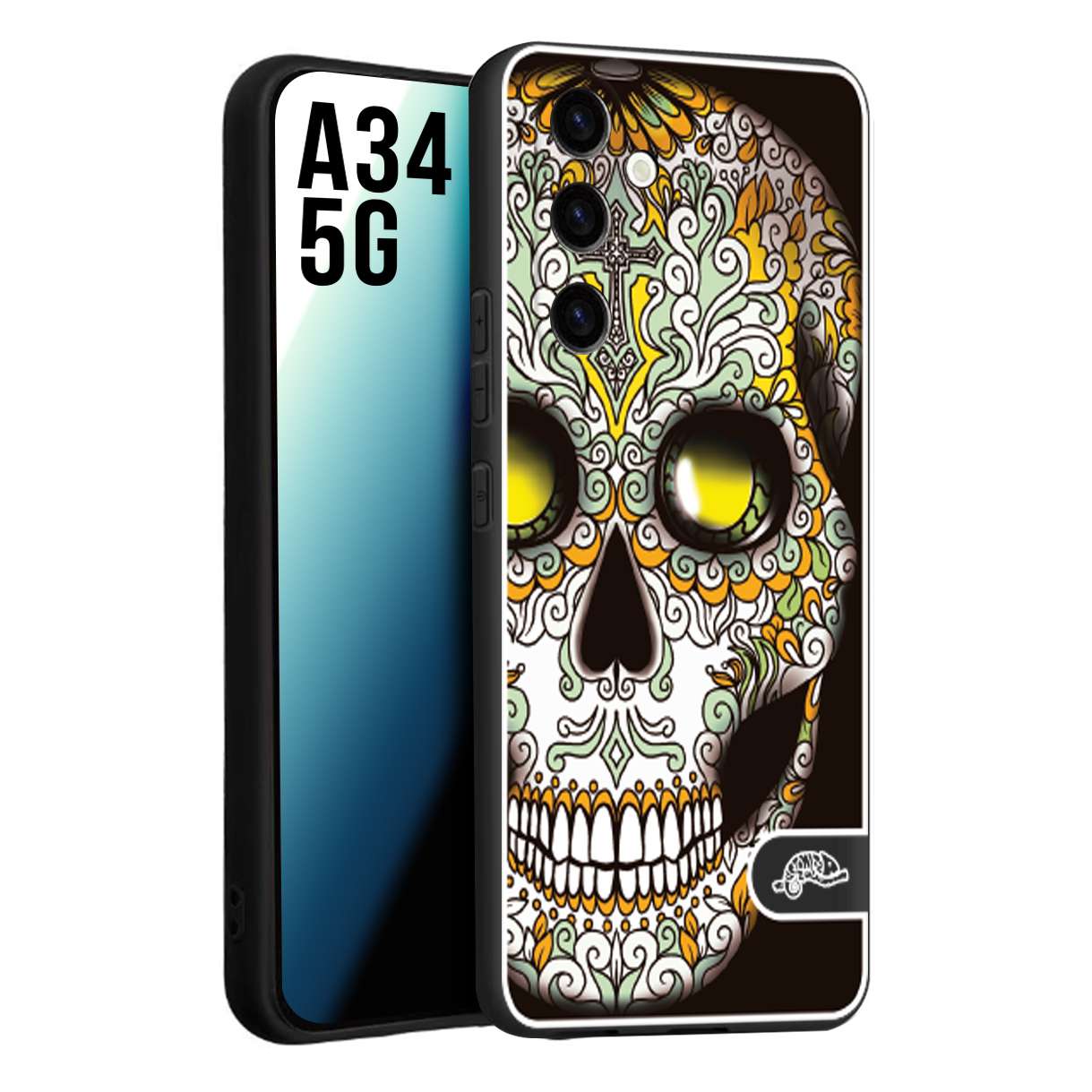 CUSTOMIZZA - Custodia cover nera morbida in tpu compatibile per Samsung A34 5G teschio messicano Mexican skull bianco verde giallo