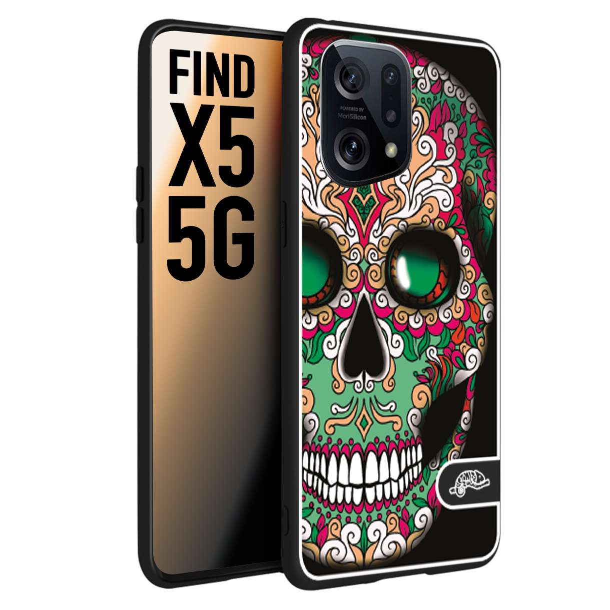 CUSTOMIZZA - Custodia cover nera morbida in tpu compatibile per Oppo Find X5 teschio messicano Mexican skull verde fucsia