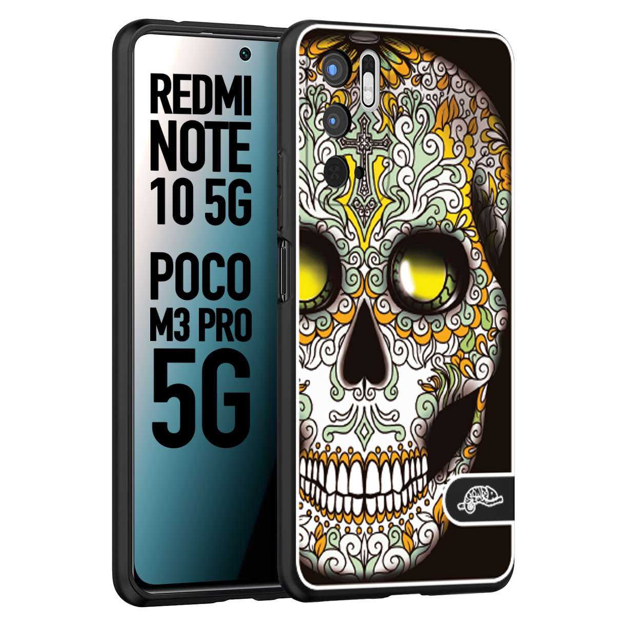 CUSTOMIZZA - Custodia cover nera morbida in tpu compatibile per Xiaomi Redmi Note 10 5G - Poco M3 Pro 5G teschio messicano Mexican skull bianco verde giallo