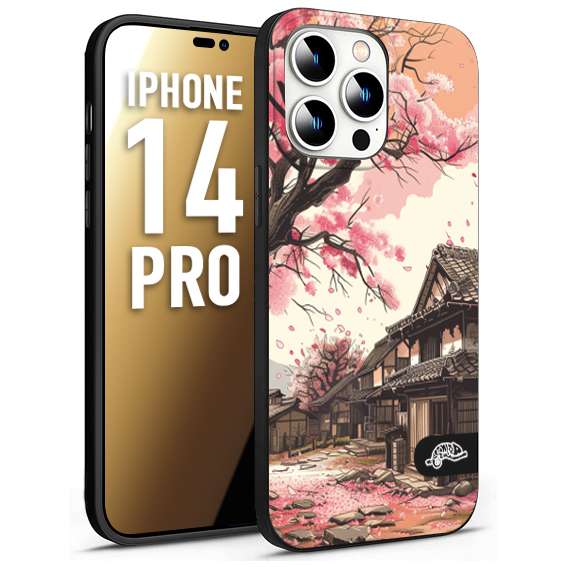 CUSTOMIZZA - Custodia cover nera morbida in tpu compatibile per iPhone 14 PRO casa giapponese rosa ciliegio in fiore disegnata tattoo