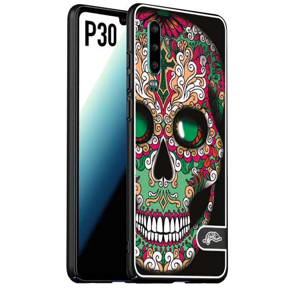 CUSTOMIZZA - Custodia cover nera morbida in tpu compatibile per Huawei P30 teschio messicano Mexican skull verde fucsia