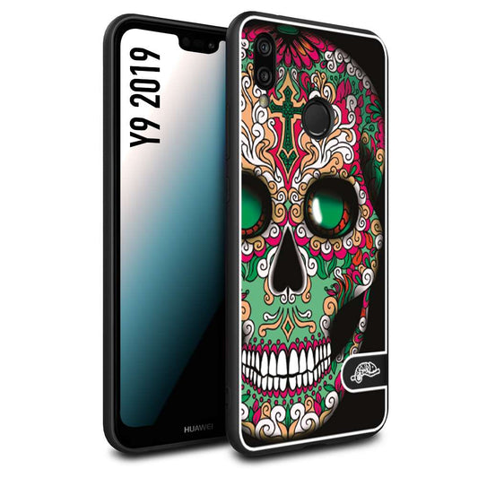 CUSTOMIZZA - Custodia cover nera morbida in tpu compatibile per Huawei Y9 2019 teschio messicano Mexican skull verde fucsia