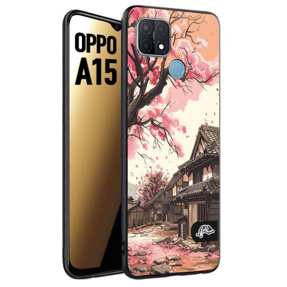 CUSTOMIZZA - Custodia cover nera morbida in tpu compatibile per Oppo A15 casa giapponese rosa ciliegio in fiore disegnata tattoo