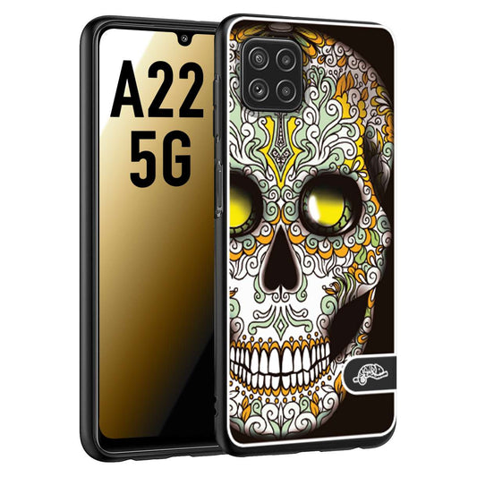 CUSTOMIZZA - Custodia cover nera morbida in tpu compatibile per Samsung A22 5G teschio messicano Mexican skull bianco verde giallo