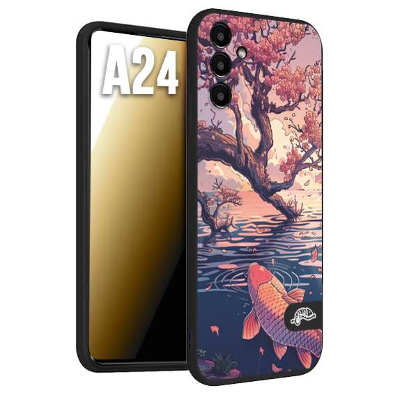 CUSTOMIZZA - Custodia cover nera morbida in tpu compatibile per Samsung A24 giapponese lago carpa koi rosa con foglie d'acero disegnata tattoo