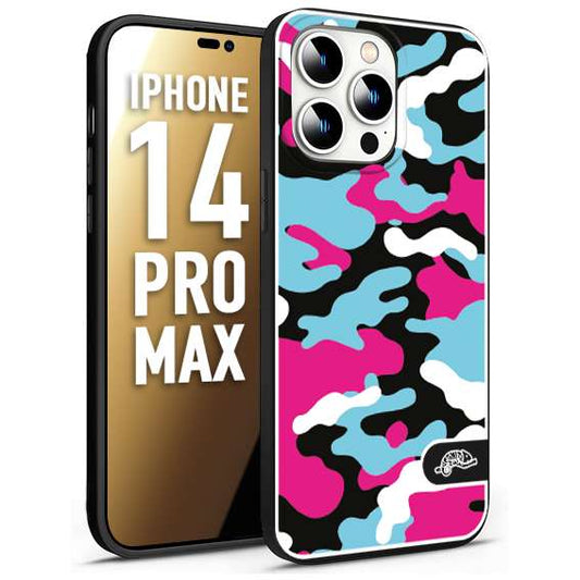 CUSTOMIZZA - Custodia cover nera morbida in tpu compatibile per iPhone 14 PRO MAX camouflage mimetico militare fucsia celeste