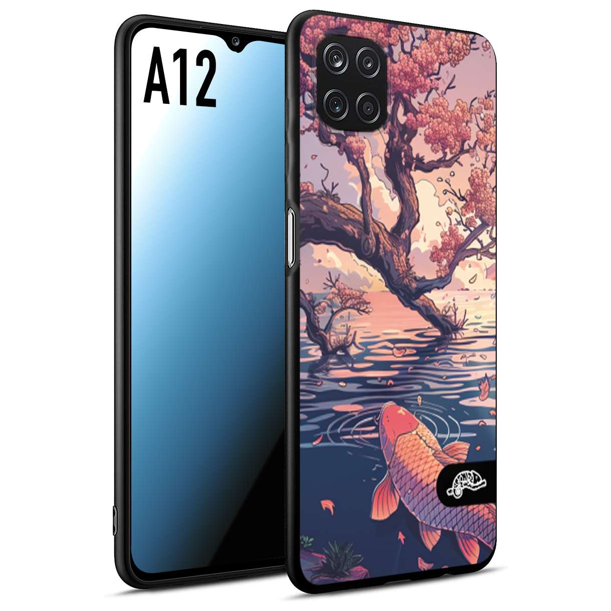 CUSTOMIZZA - Custodia cover nera morbida in tpu compatibile per Samsung A12 giapponese lago carpa koi rosa con foglie d'acero disegnata tattoo