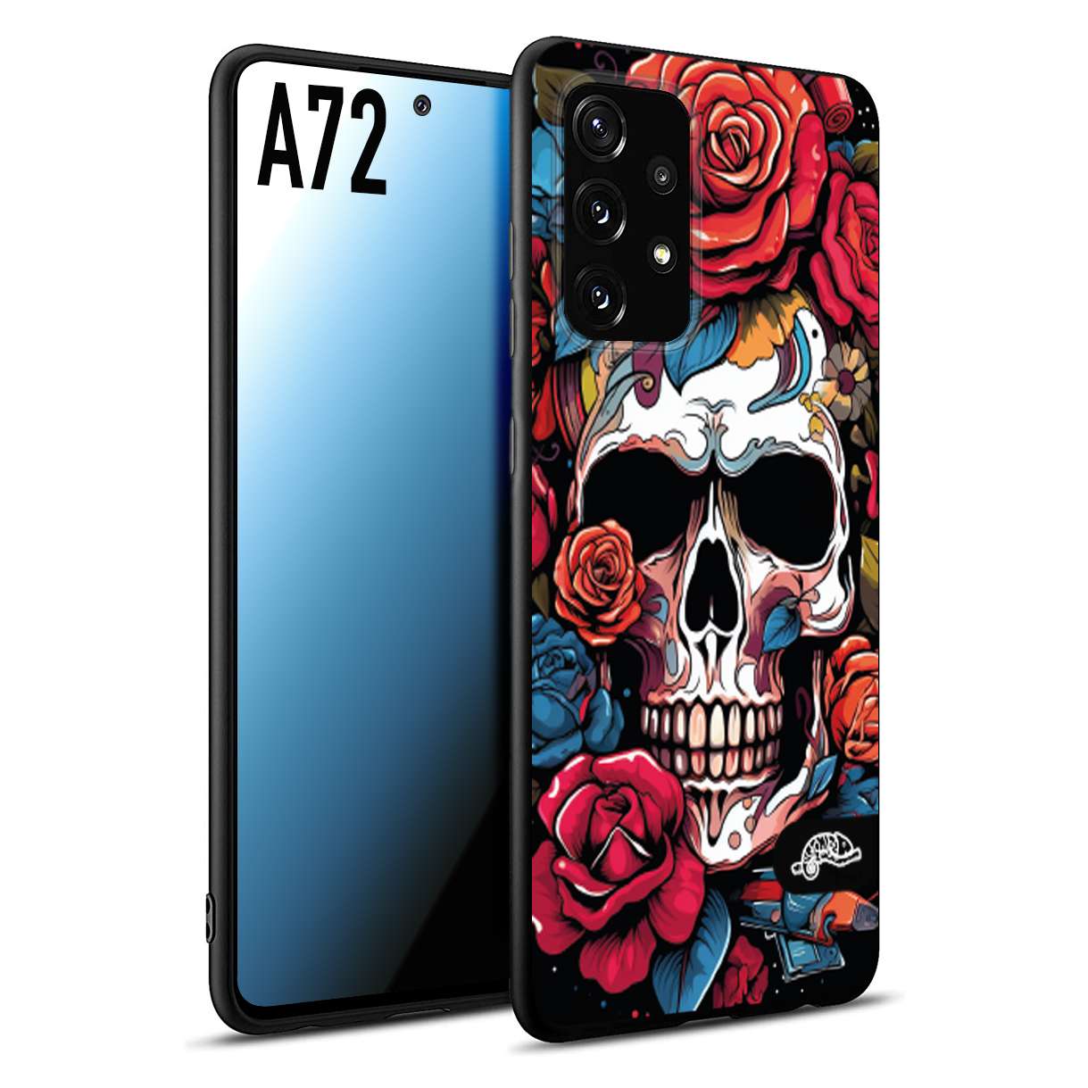 CUSTOMIZZA - Custodia cover nera morbida in tpu compatibile per Samsung A72 teschio skull flowers fiori rose rosse tattoo disegnato