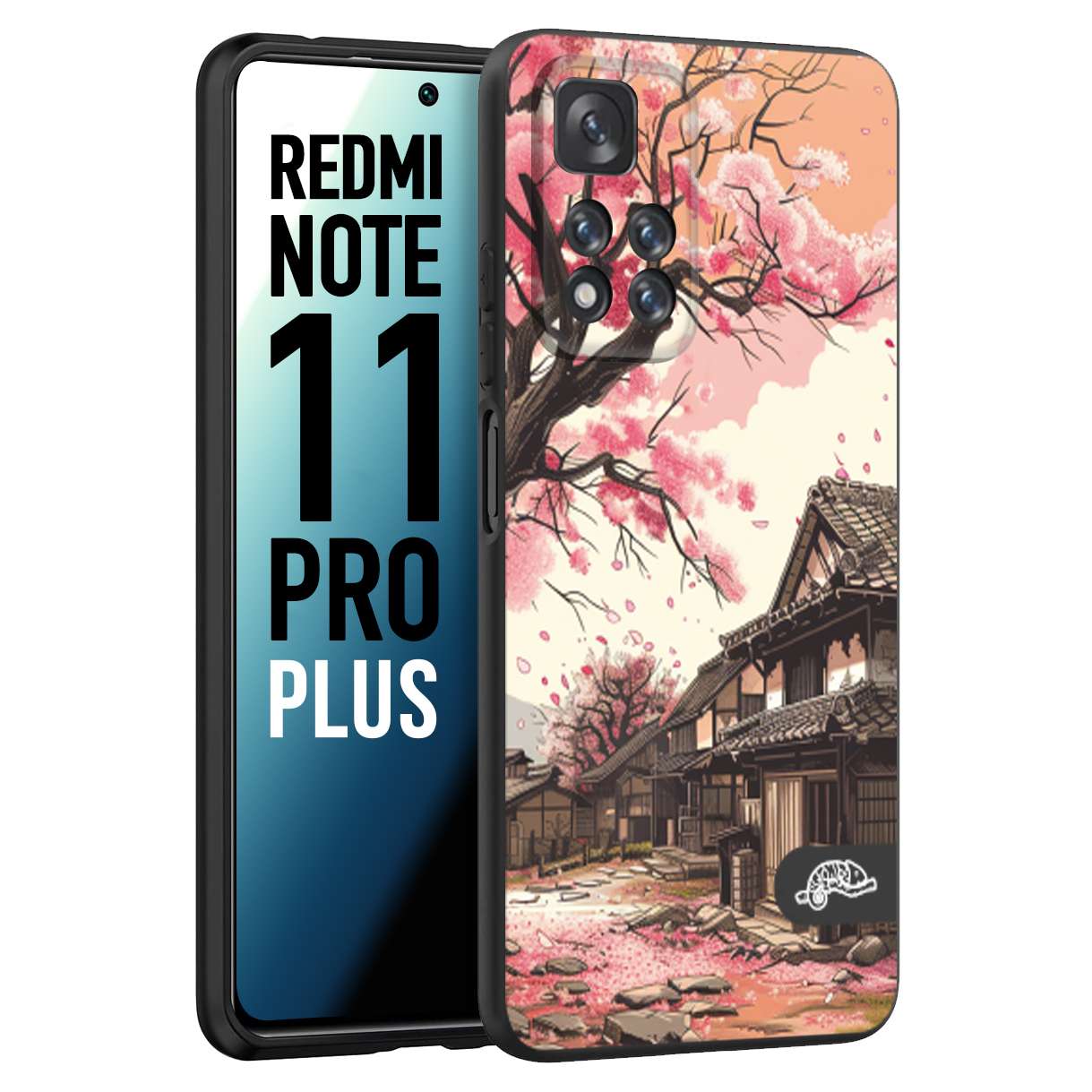 CUSTOMIZZA - Custodia cover nera morbida in tpu compatibile per Xiaomi Redmi Note 11 PRO PLUS casa giapponese rosa ciliegio in fiore disegnata tattoo