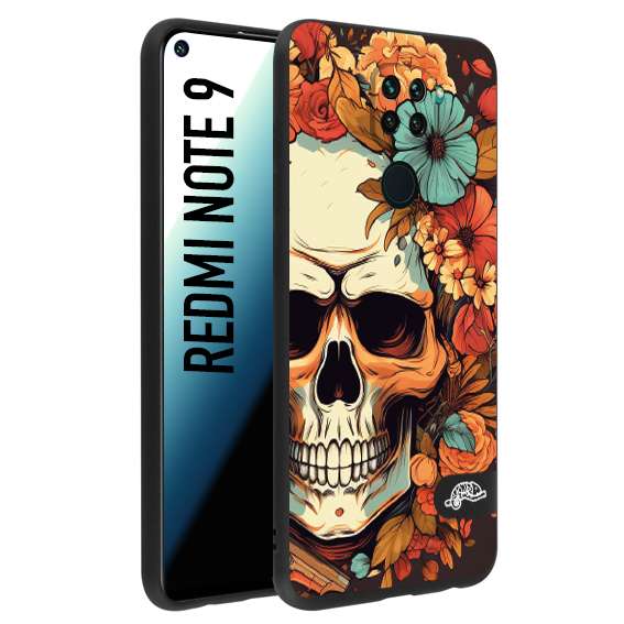 CUSTOMIZZA - Custodia cover nera morbida in tpu compatibile per Xiaomi Redmi Note 9 teschio skull flowers fiori autunnali arancio celeste tattoo