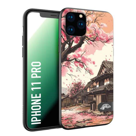 CUSTOMIZZA - Custodia cover nera morbida in tpu compatibile per iPhone 11 PRO casa giapponese rosa ciliegio in fiore disegnata tattoo