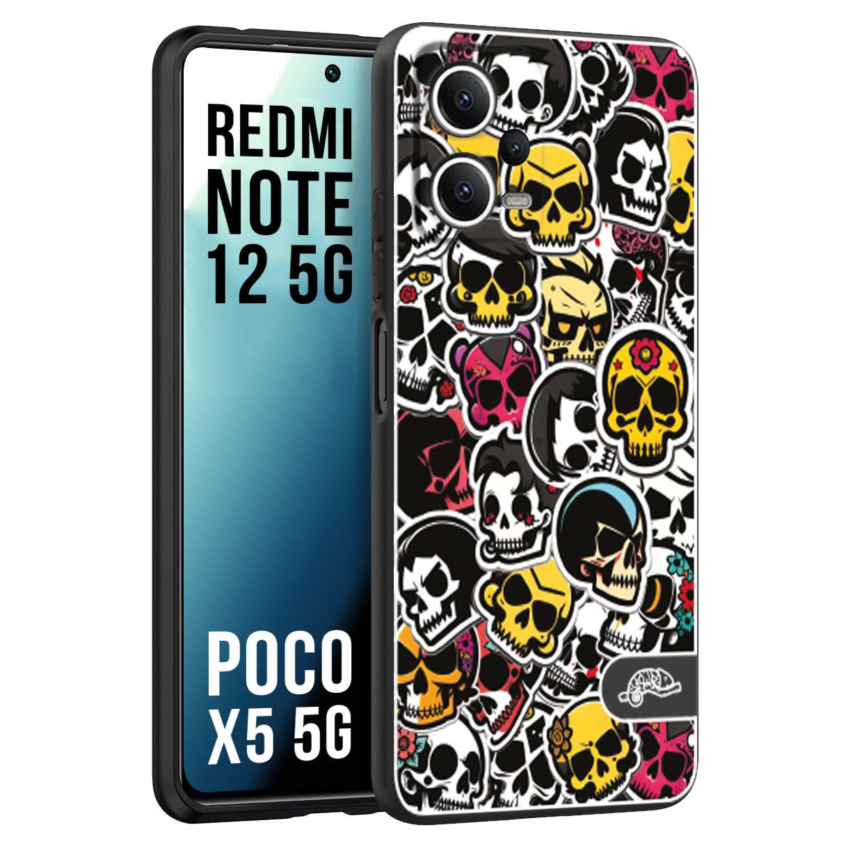 CUSTOMIZZA - Custodia cover nera morbida in tpu compatibile per Xiaomi Redmi Note 12 - POCO X5 5G sticker bomb teschi colorati adesivi skulls skater snowboard