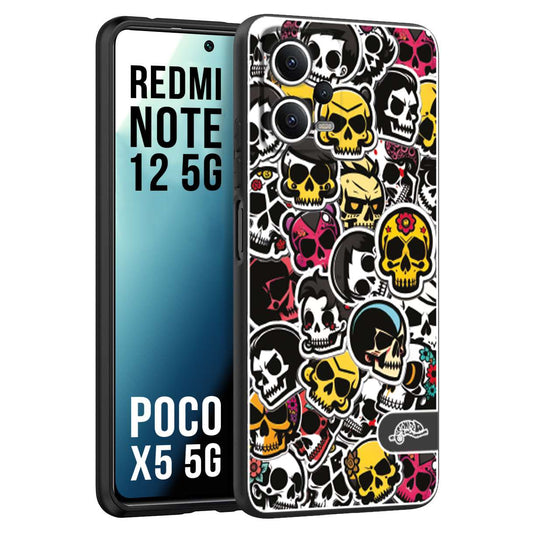 CUSTOMIZZA - Custodia cover nera morbida in tpu compatibile per Xiaomi Redmi Note 12 - POCO X5 5G sticker bomb teschi colorati adesivi skulls skater snowboard