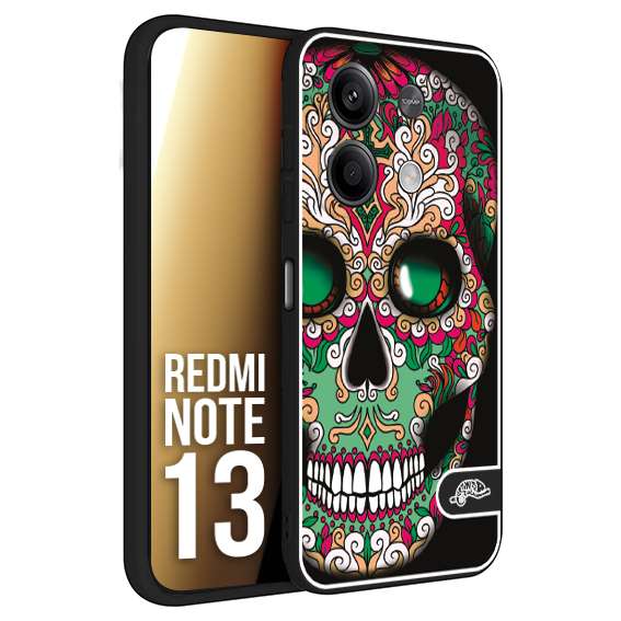 CUSTOMIZZA - Custodia cover nera morbida in tpu compatibile per Xiaomi Redmi Note 13 teschio messicano Mexican skull verde fucsia