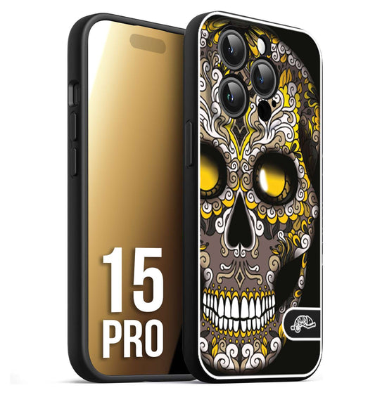 CUSTOMIZZA - Custodia cover nera morbida in tpu compatibile per iPhone 15 PRO teschio messicano Mexican skull nero giallo