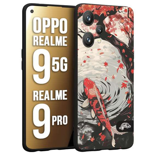 CUSTOMIZZA - Custodia cover nera morbida in tpu compatibile per Oppo Realme 9 5G - 9 PRO giapponese lago carpa koi rossa con foglie d'acero rosso disegnata tattoo