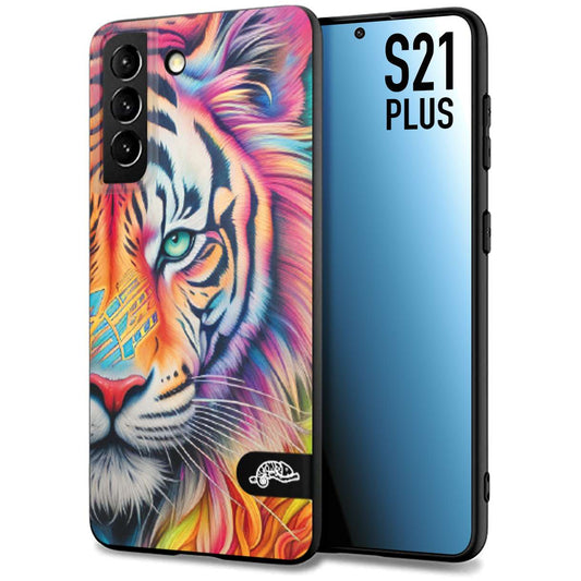 CUSTOMIZZA - Custodia cover nera morbida in tpu compatibile per Samsung S21 PLUS animali color tigre tiger viso colori vibranti disegnato schizzo