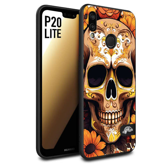 CUSTOMIZZA - Custodia cover nera morbida in tpu compatibile per Huawei P20 LITE teschio messicano colorato dorato fiori tattoo disegnato