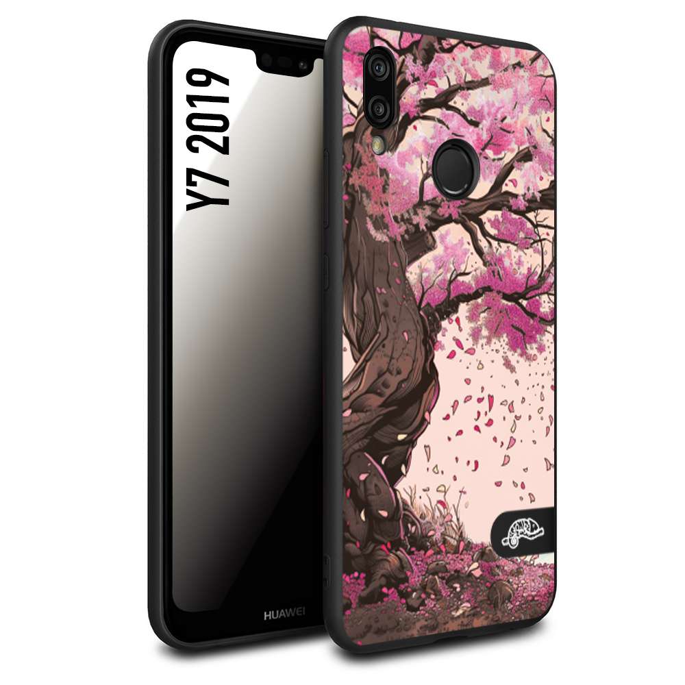 CUSTOMIZZA - Custodia cover nera morbida in tpu compatibile per Huawei Y7 2019 giapponese colori morbidi fiori di ciliegio rosa disegnata