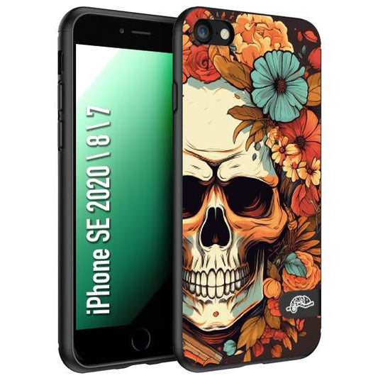 CUSTOMIZZA - Custodia cover nera morbida in tpu compatibile per iPhone 7 - 8 - SE 2020 / 2022 teschio skull flowers fiori autunnali arancio celeste tattoo