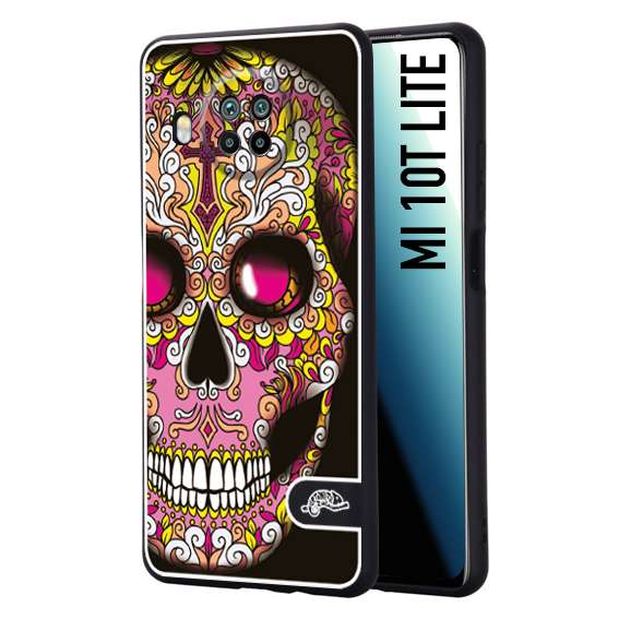 CUSTOMIZZA - Custodia cover nera morbida in tpu compatibile per Xiaomi Mi 10T LITE teschio messicano Mexican skull rosa gialla