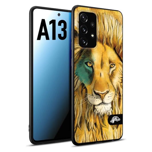 CUSTOMIZZA - Custodia cover nera morbida in tpu compatibile per Samsung A13 leone lion disegnato a mano giallo blu a rilievo artistico brown