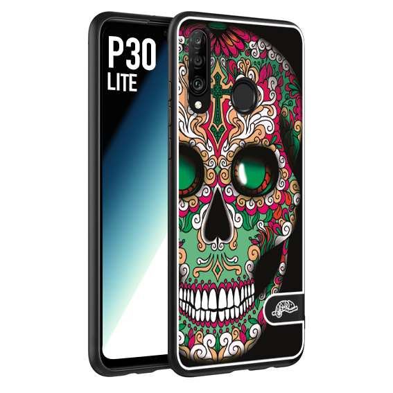 CUSTOMIZZA - Custodia cover nera morbida in tpu compatibile per Huawei P30 LITE teschio messicano Mexican skull verde fucsia