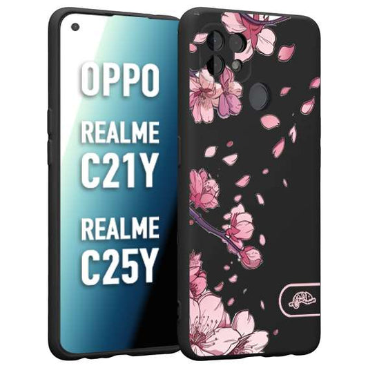 CUSTOMIZZA - Custodia cover nera morbida in tpu compatibile per Oppo Realme C21Y - C25Y giapponese fiori di ciliegio in fiore a rilievo disegnata tattoo