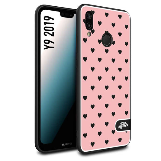 CUSTOMIZZA - Custodia cover nera morbida in tpu compatibile per Huawei Y9 2019 cuori pois rosa donna pin up vintage