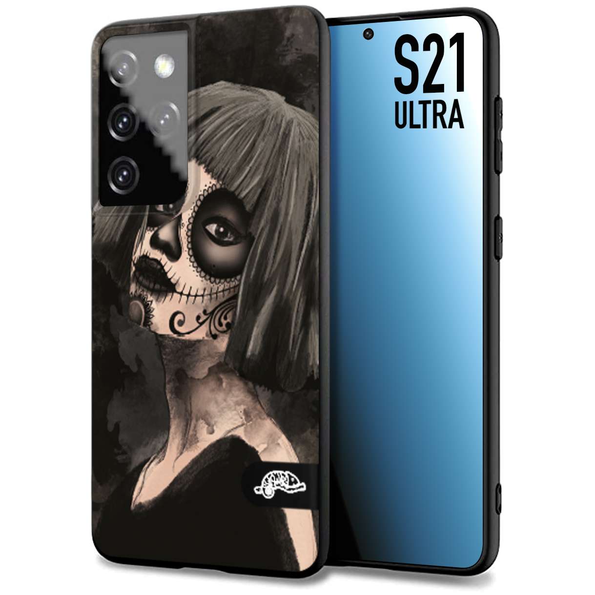 CUSTOMIZZA - Custodia cover nera morbida in tpu compatibile per Samsung S21 ULTRA chicana messicana dea de la muerte donna santa tattoo disegnata