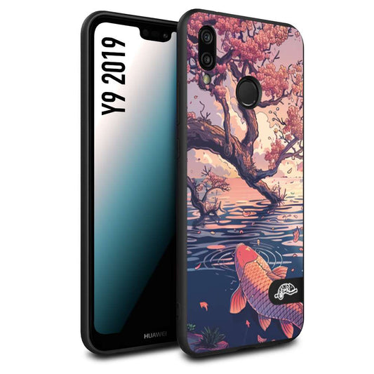 CUSTOMIZZA - Custodia cover nera morbida in tpu compatibile per Huawei Y9 2019 giapponese lago carpa koi rosa con foglie d'acero disegnata tattoo