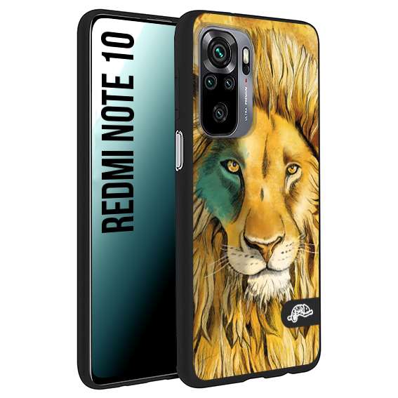 CUSTOMIZZA - Custodia cover nera morbida in tpu compatibile per Xiaomi Redmi Note 10 leone lion disegnato a mano giallo blu a rilievo artistico brown