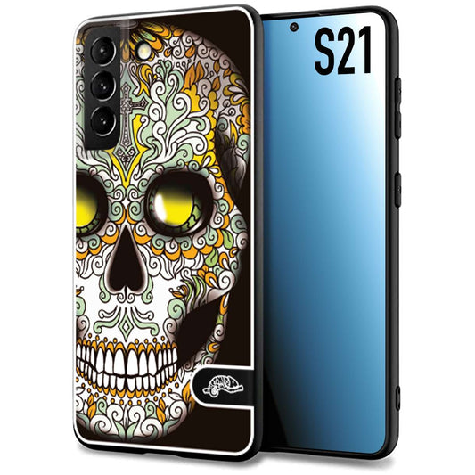 CUSTOMIZZA - Custodia cover nera morbida in tpu compatibile per Samsung S21 teschio messicano Mexican skull bianco verde giallo