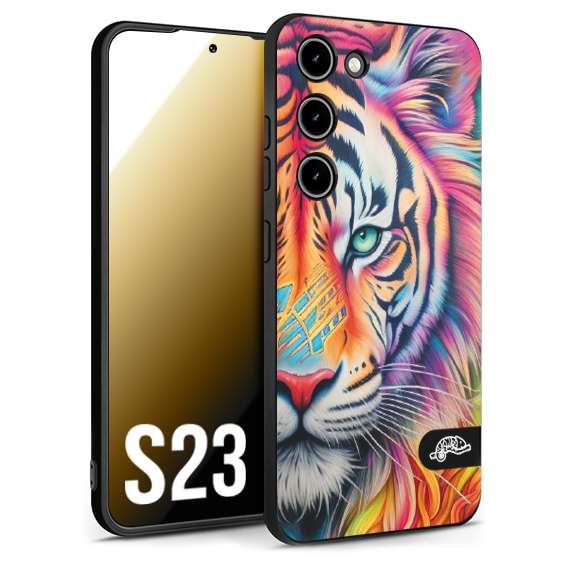 CUSTOMIZZA - Custodia cover nera morbida in tpu compatibile per Samsung S23 animali color tigre tiger viso colori vibranti disegnato schizzo