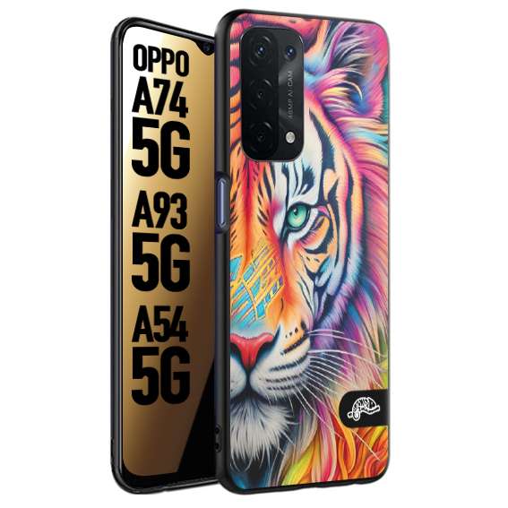 CUSTOMIZZA - Custodia cover nera morbida in tpu compatibile per Oppo A74 5G - A93 5G - A54 5G animali color tigre tiger viso colori vibranti disegnato schizzo