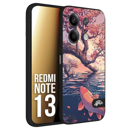 CUSTOMIZZA - Custodia cover nera morbida in tpu compatibile per Xiaomi Redmi Note 13 giapponese lago carpa koi rosa con foglie d'acero disegnata tattoo