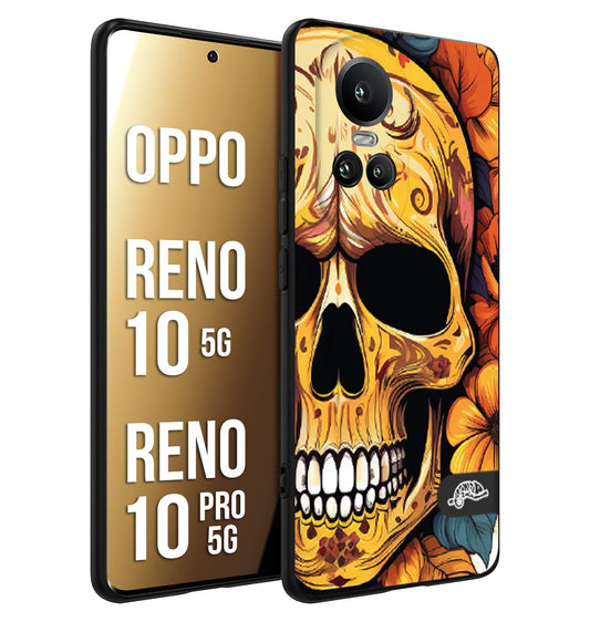 CUSTOMIZZA - Custodia cover nera morbida in tpu compatibile per Oppo Reno 10 5G - 10 PRO 5G teschio messicano colorato dorato fiori autunnali disegnato