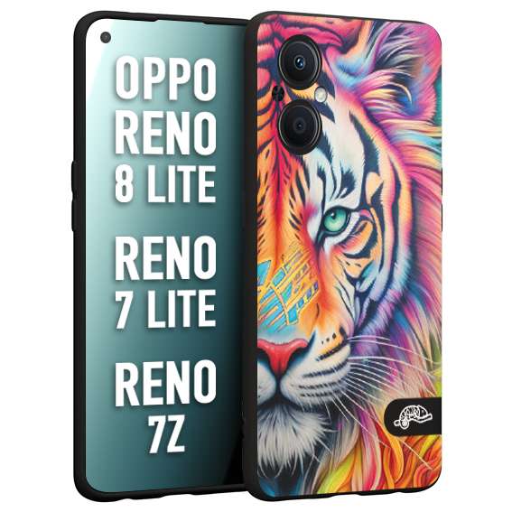 CUSTOMIZZA - Custodia cover nera morbida in tpu compatibile per Oppo Reno 7 Lite - 8 Lite - 7Z animali color tigre tiger viso colori vibranti disegnato schizzo