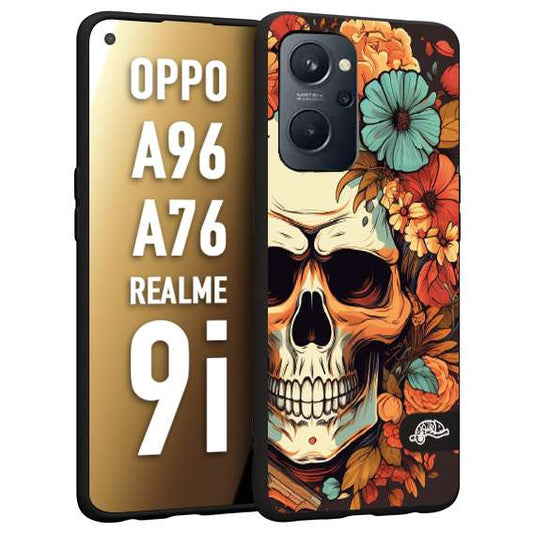 CUSTOMIZZA - Custodia cover nera morbida in tpu compatibile per Oppo Realme 9i - A96 - A76 teschio skull flowers fiori autunnali arancio celeste tattoo