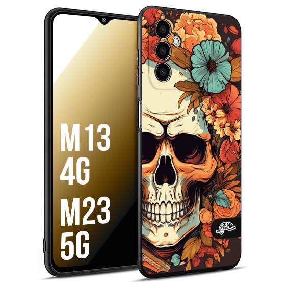 CUSTOMIZZA - Custodia cover nera morbida in tpu compatibile per Samsung M13 4G - M23 5G teschio skull flowers fiori autunnali arancio celeste tattoo