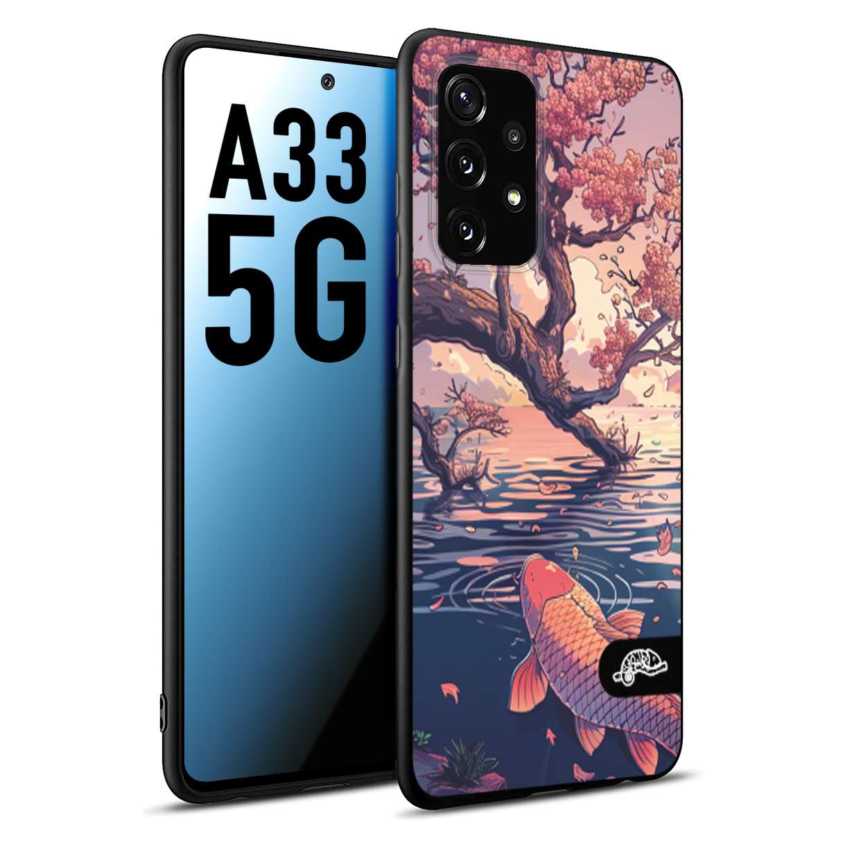 CUSTOMIZZA - Custodia cover nera morbida in tpu compatibile per Samsung A33 5G giapponese lago carpa koi rosa con foglie d'acero disegnata tattoo