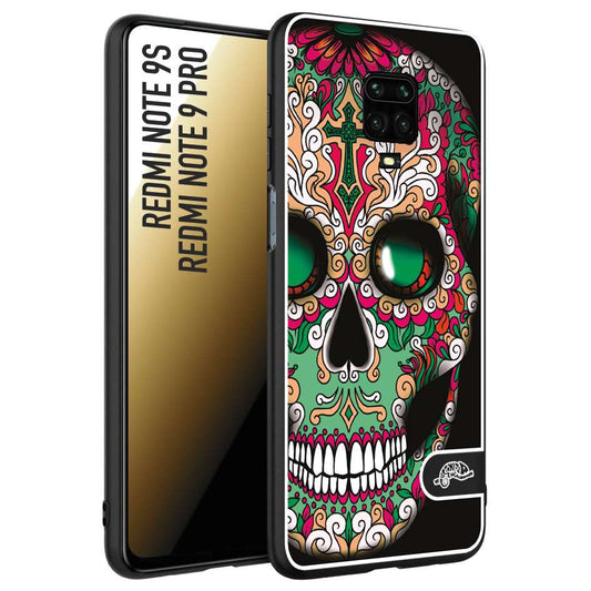 CUSTOMIZZA - Custodia cover nera morbida in tpu compatibile per Xiaomi Redmi Note 9S - Note 9 PRO teschio messicano Mexican skull verde fucsia