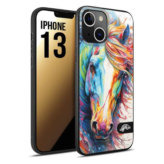 CUSTOMIZZA - Custodia cover nera morbida in tpu compatibile per iPhone 13 animali color cavallo horse viso colori vibranti disegnato schizzo