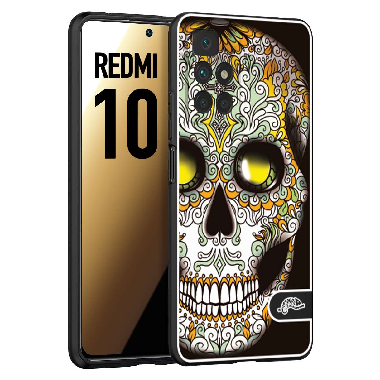 CUSTOMIZZA - Custodia cover nera morbida in tpu compatibile per Xiaomi Redmi 10 teschio messicano Mexican skull bianco verde giallo